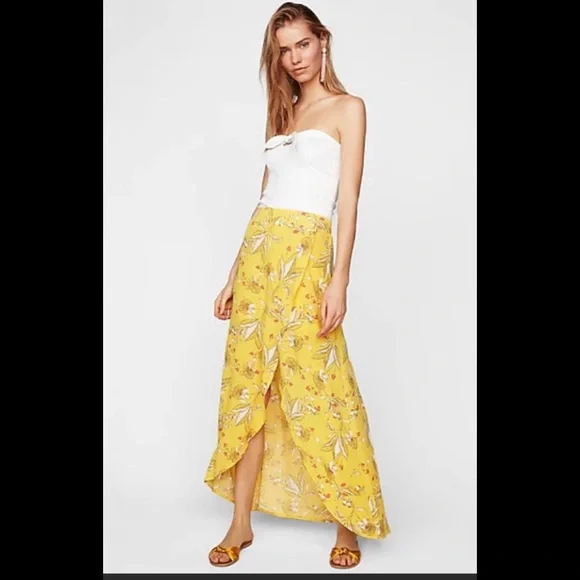 Express Skirts Express Yellow Floral High Low Wrap Maxi Skirt